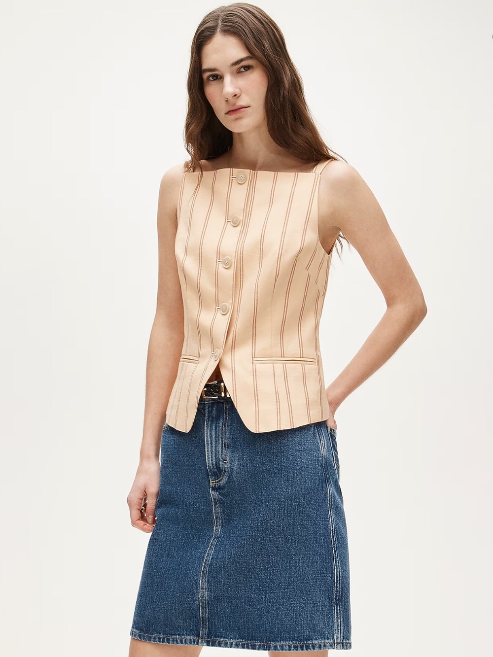 J. Crew Button-up cutaway top in striped Gramercy linen blend in Fresh Apricot